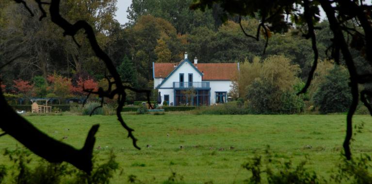 Huis in Wassenaar op de achtergrond (wit met rood dak) aan een weiland.