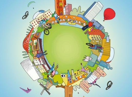 illustratie omgevingsvisie zwolle, een 'wereldbol' met de stad eromheen gewikkeld
