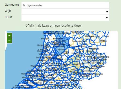 Kaartje overzicht van NL met de filters in te vullen boven de kaart, een screenshot van de Datacheck applicatie. Puur ter illustratie