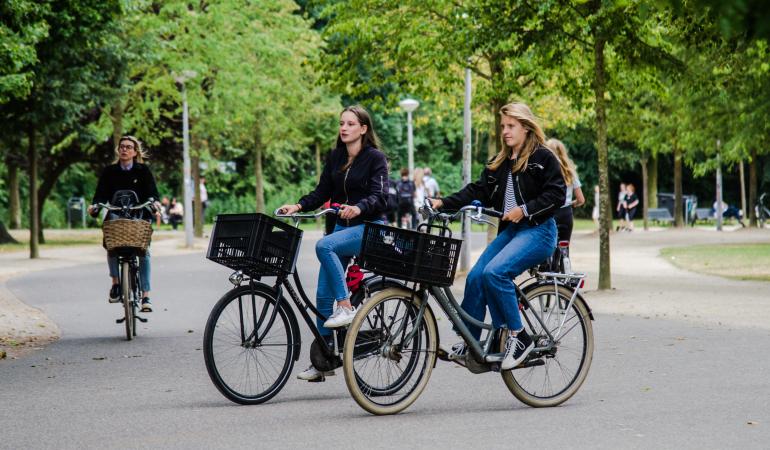 Twee jonge mensen op omafietsen in het park