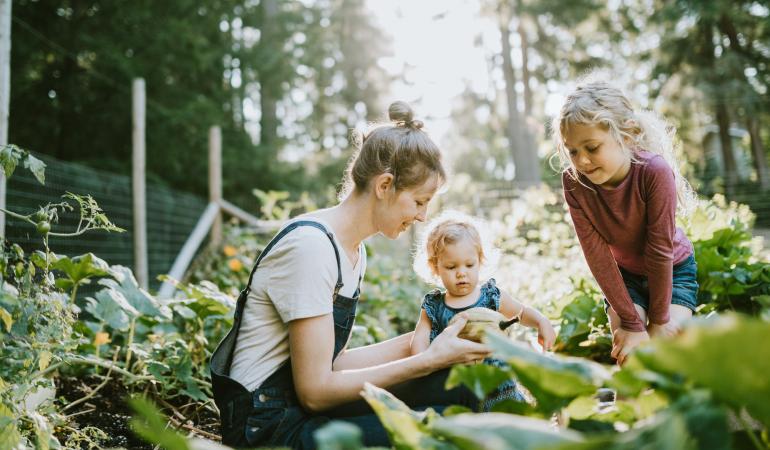 Een moeder zit met 2 kinderen gehurkt tussen groene gewassen. Ze laat iets zien wat ze aan het oogsten zijn.