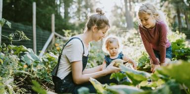 Een moeder zit met 2 kinderen gehurkt tussen groene gewassen. Ze laat iets zien wat ze aan het oogsten zijn.